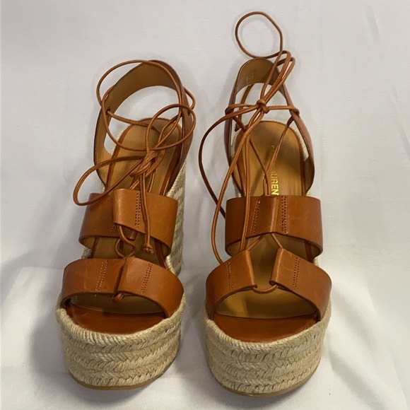 Saint Laurent Leather Espadrille Wedge Brown Sz 39 - Picture 4 of 11